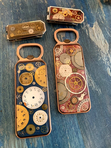 Bottle Openers with watch parts.  Unique and custom made.