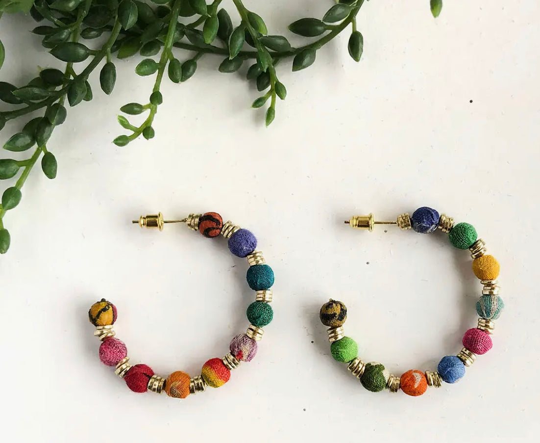 Colorful Kantha Hoop Earrings recycled Sari - India – JustGoodsOnline