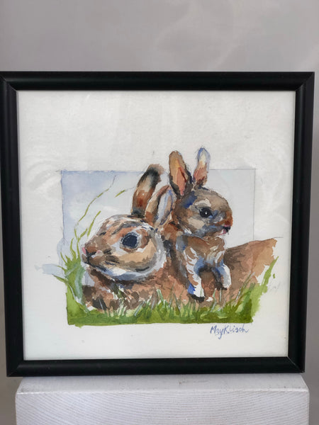 Bunnies watercolor print . Wisconsin artist, May Klisch 4x4in