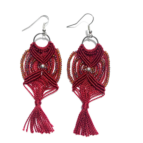 Red macrame omega earrings fair trade