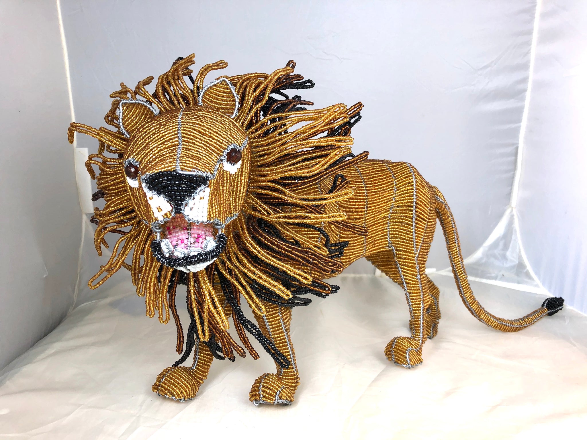 Large Lion Figurine. Wire and beaded glass. Hand crafted beaded art. Fair Trade South Africa