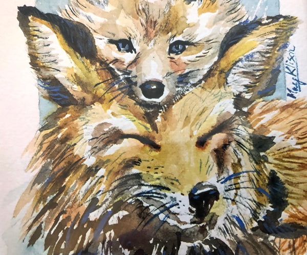 Fox Mother & Child original art print with frame 4x4 May Klisch