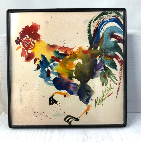 Colorful Rooster!  watercolor Print. Wisconsin artist May Klisch 4x4in
