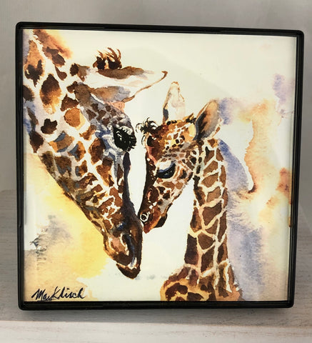 Giraffes watercolor Print. Wisconsin artist May Klisch 4x4in
