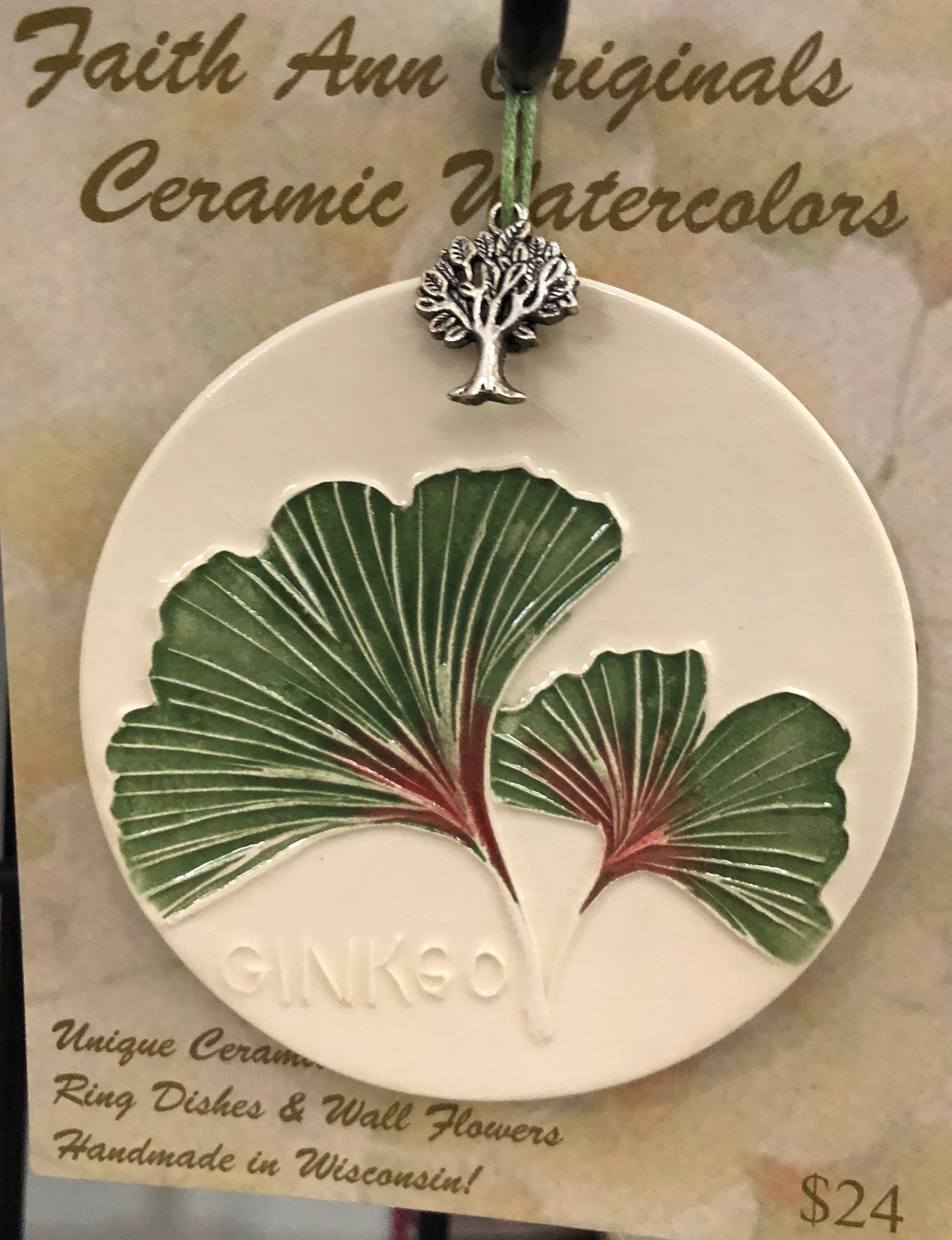 Garden/Window tile.  Ginkgo. hand rolled, carved and painted