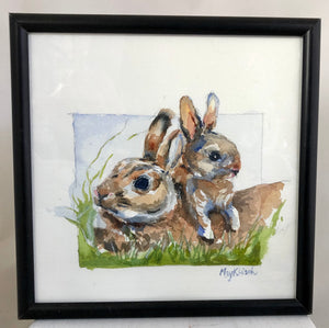 Bunnies watercolor print . Wisconsin artist, May Klisch 4x4in